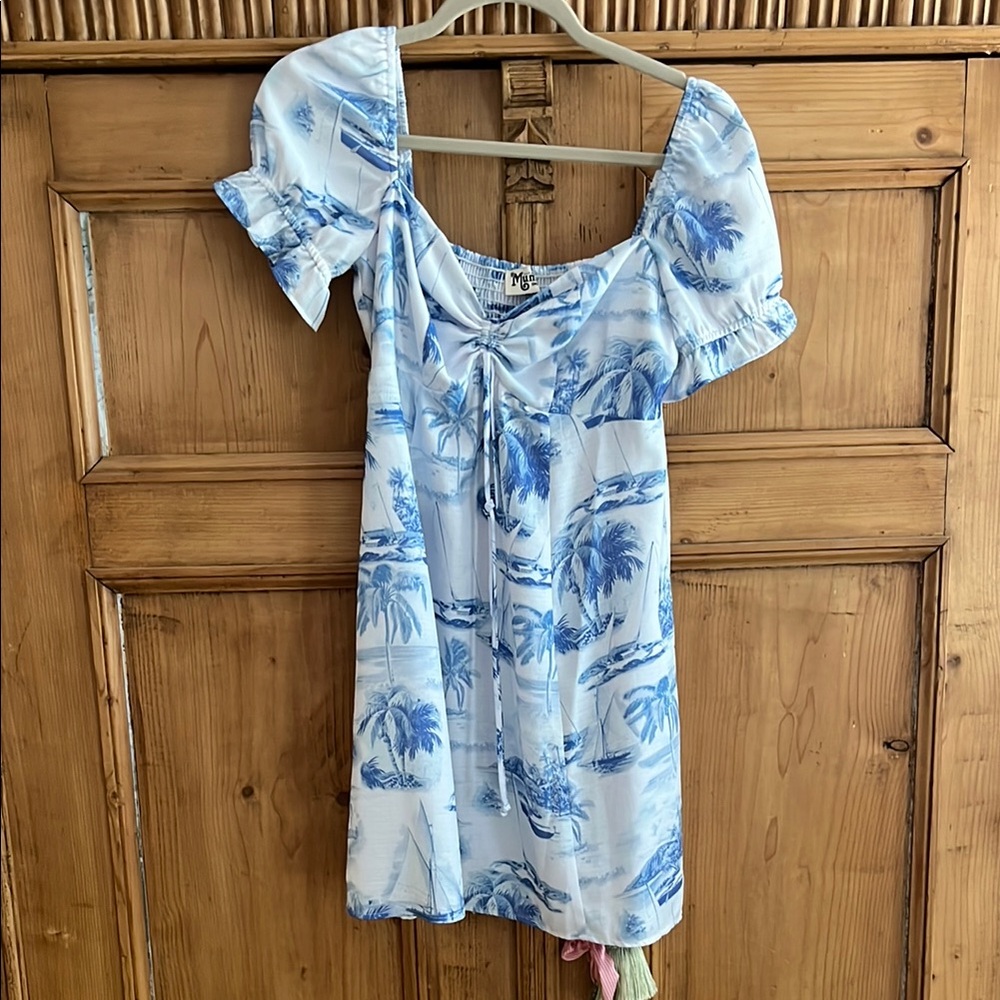Show Me Your Mumu Blue and White Tropical Print Dress